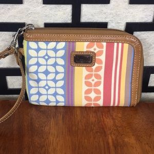Fossil Signature fabric and leather wristlet